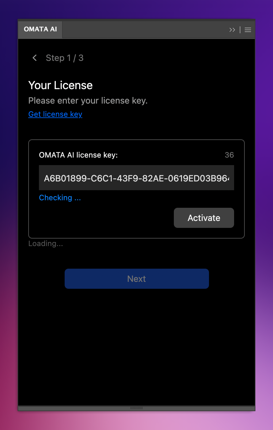 Screenshot OMATA AI interface for license key